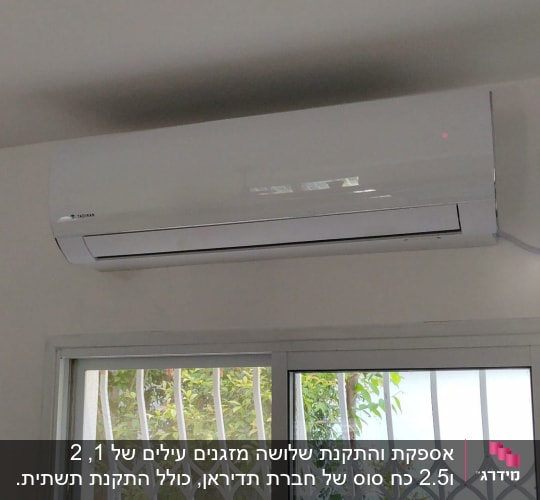 מזגן קיר לבן מותקן מעל חלון עם סורגים